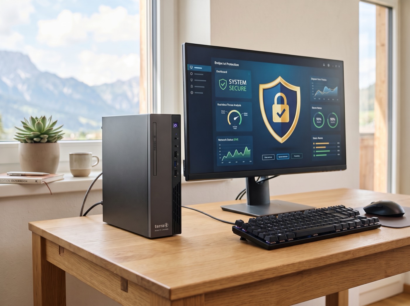 TERRA-PC und Monitor mit Security-Wappen auf dem Bildschirm