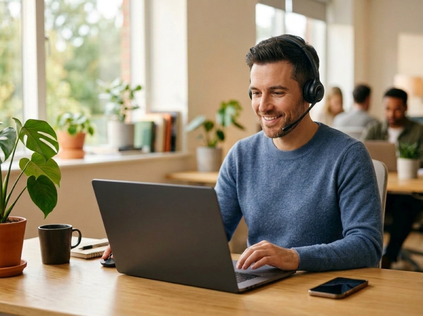 Männlicher Support-Mitarbeiter mit Headset am Laptop