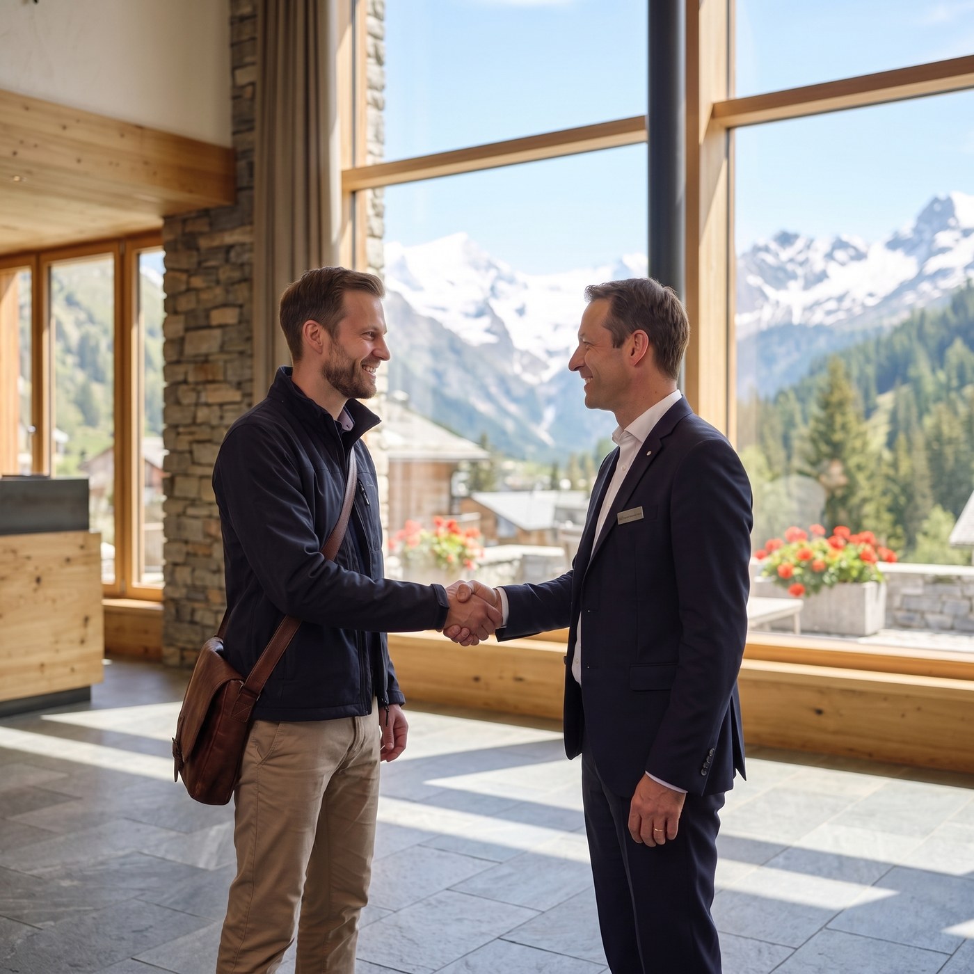 IT-Techniker und Hotelchef beim Handshake in einer Hotellobby mit Blick ins grüne Tiroler Tal